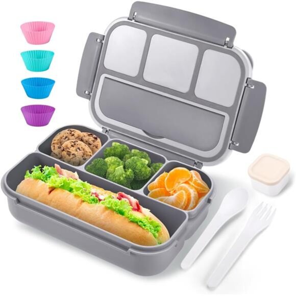 Adult & Kids Bento Lunch Box -4-Compartment Meal Container‎ with Utensils, Gray - Picture 1 of 8